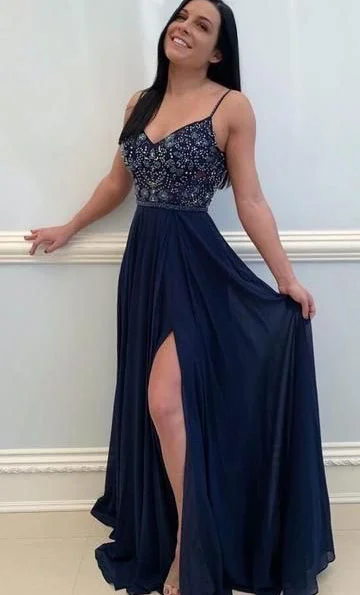 illusion back evening gown-Spaghetti Straps Navy Long Prom Dresses with Beaded