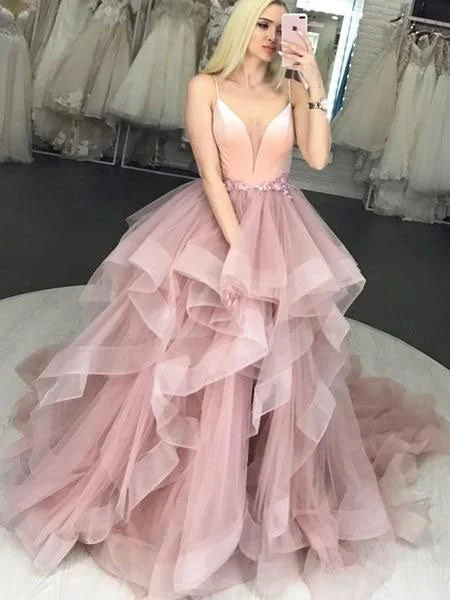 evening gown for formal events-Spaghetti Straps Organza Long Prom Dresses Waist with Appliques