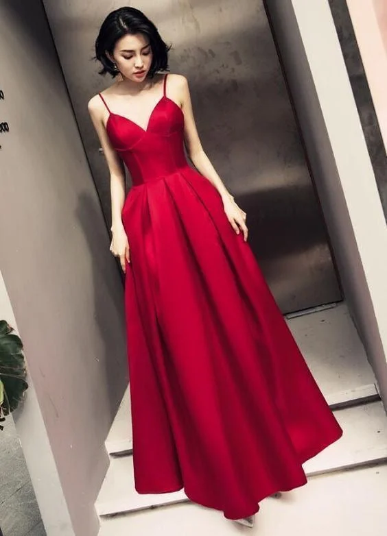 strapless evening gown-Spaghetti Straps Red Long Prom Dresses Evening Gowns