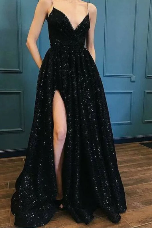 modest evening dress-Spaghetti Straps Sequin Prom With Split Black Long Evening Dress