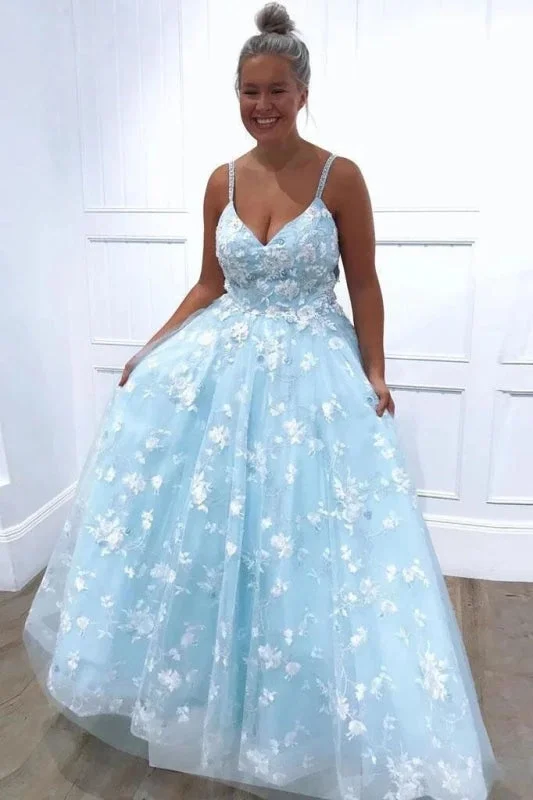 floral print evening dress-Spaghetti Straps Sleeveless Floor Length Dress Sky Blue Appliques Lace Prom Dresses