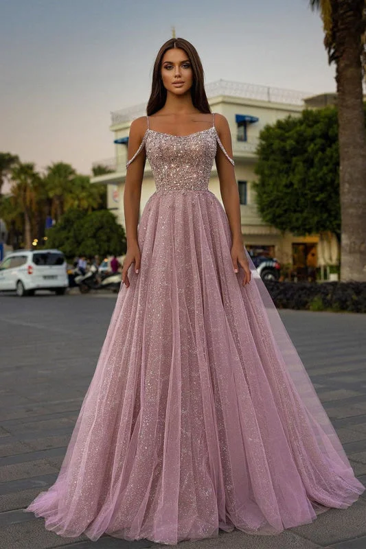 high-low evening gown-Spaghetti-Straps Tulle A-Line Long Prom Dress with Sequins, Beads