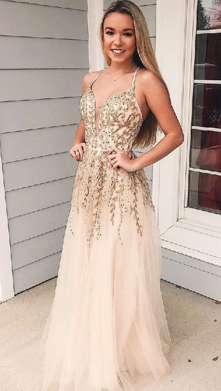 elegant formal evening dress-Spaghetti straps Tulle Long Prom Dresses with Appliques Beaded