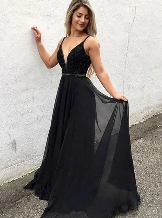 mermaid evening dress-Spaghetti Straps V Neck Black Long Prom Dresses with Beaded