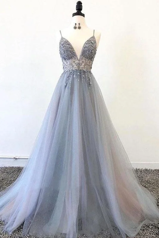 evening gown with train-Spaghetti Straps V Neck Tulle Prom Appliques A Line Long Formal Dress with Beads