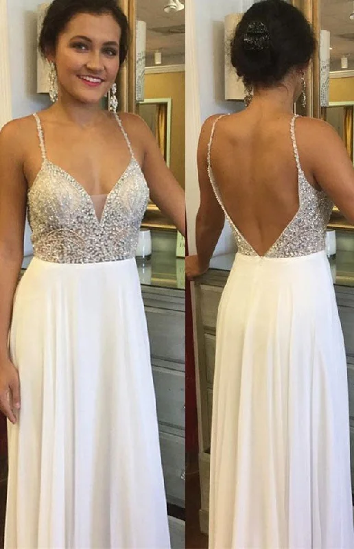 elegant evening wear-Spaghetti Straps White Prom Dresses with Beaded