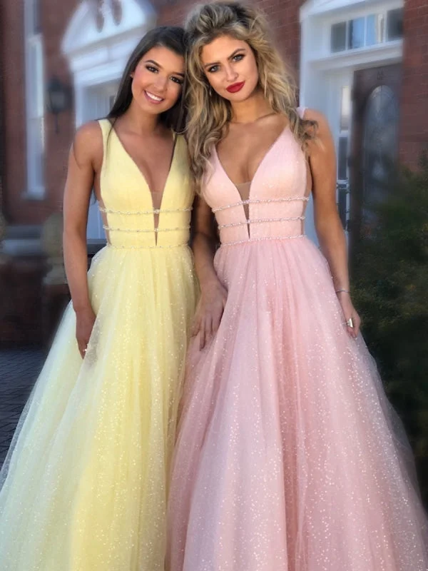 elegant evening wear-Sparkly A Line V Neck and V Back Yellow/Pink/Light Blue Long Prom, Yellow/Pink/Light Blue Formal, Evening