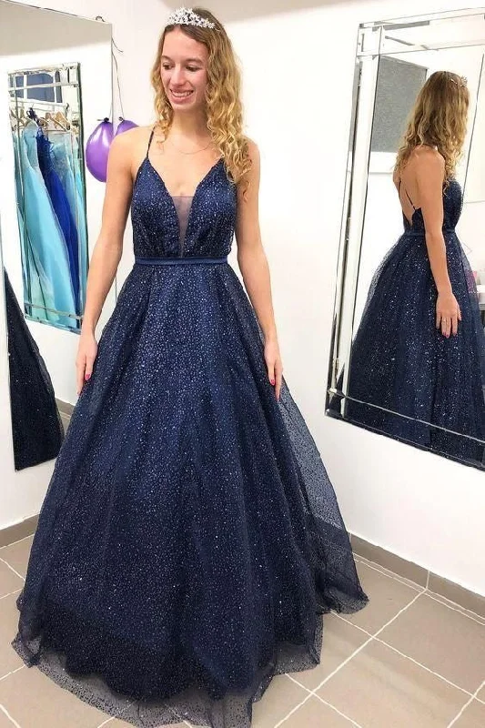 elegant evening gown with train-Sparkly Dark Navy Criss Cross Long Prom Dresses Evenig Gowns