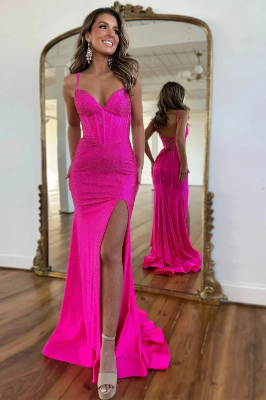 black lace evening gown-Sparkly Fuchsia Spaghetti Straps Prom Dress with Lace-Up Beaded Detail and Slit