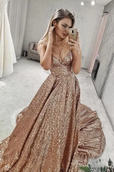 strapless evening gown-Sparkly V Neck Court Train Long Prom Dresses Evening Gowns