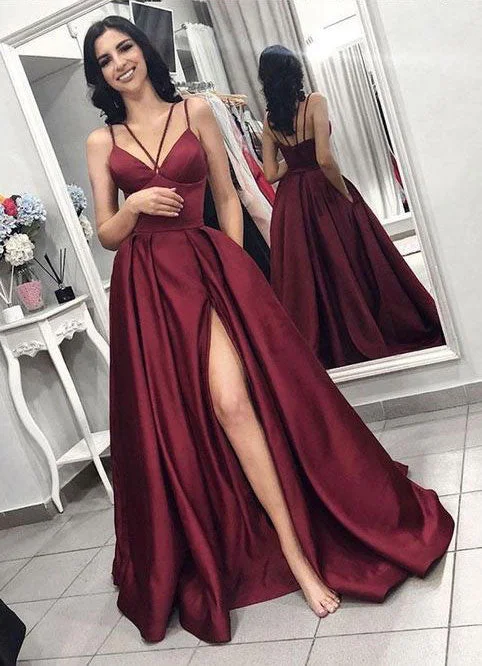 evening dress with ruffles-Split Side Burgundy Long Prom Dresses Under 100