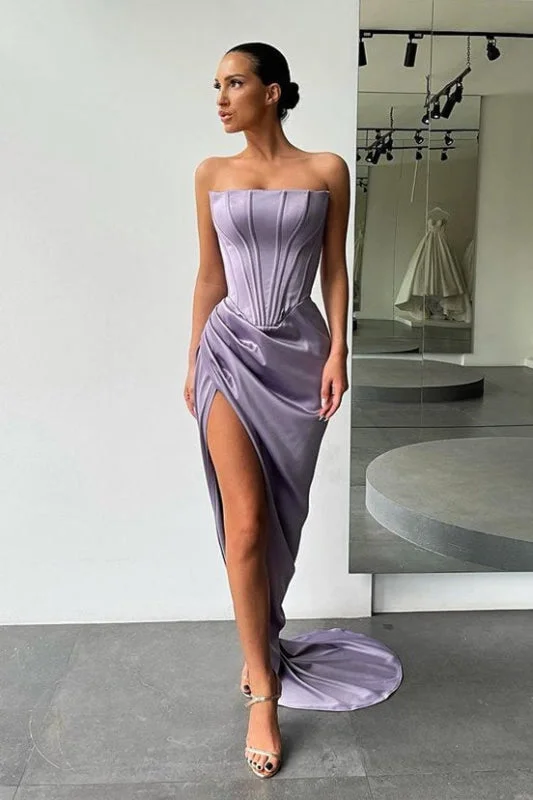 strapless evening gown-Strapless Long Prom Dress Split Evening Party Gowns