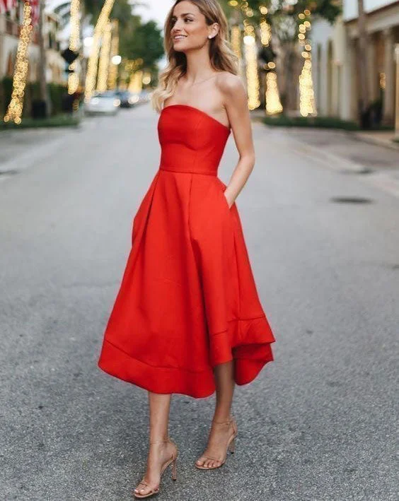 evening gown with cape-Strapless Orange Tea Length Prom Dresses with Pockets