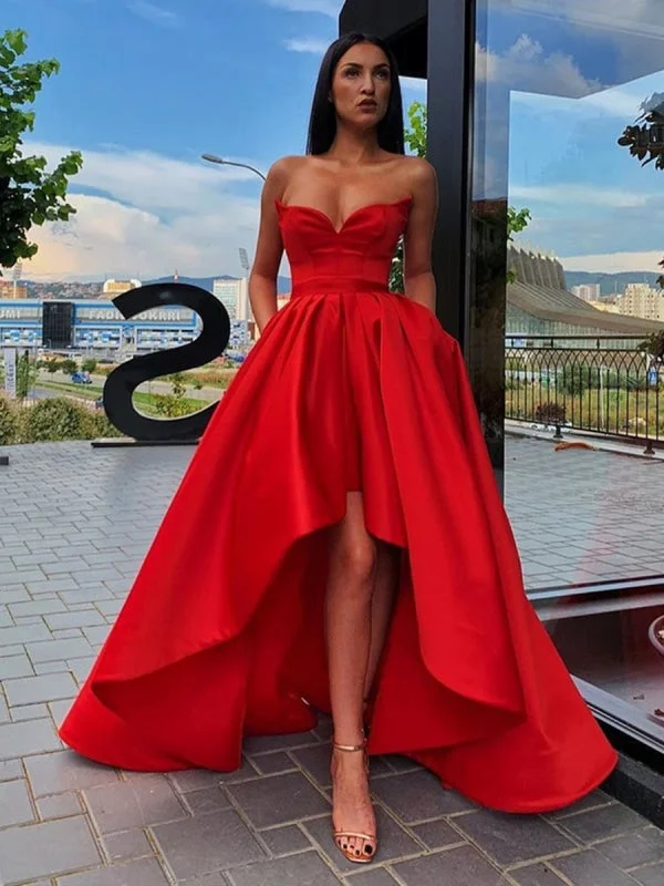 sweetheart neckline evening gown-Strapless Sweetheart Neck High Low Red Long Prom, High Low Red Formal, Red Strapless Evening