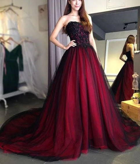 evening gown with sequins-Strapless Tulle Long Prom Dresses with Appliques Evening Gowns