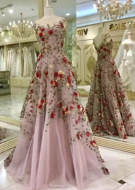 off-the-shoulder evening gown-Straps Prom Dresses with Red Rose Flowers