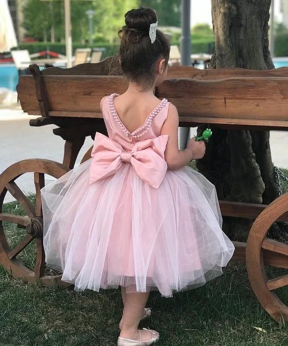 evening dress with sleeves and lace-Sweet Flower Girl Dresses with Pearls Tea Length Birthday Gown