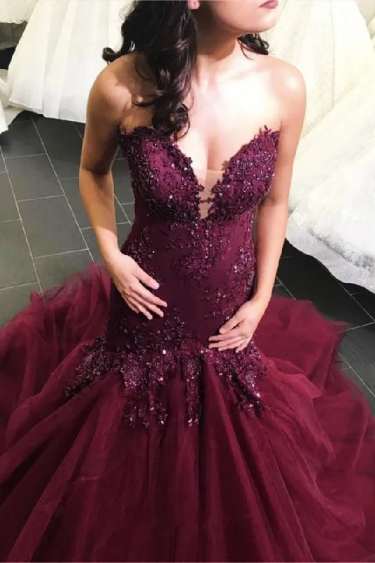 off-the-shoulder evening gown-Sweetheart Mermaid Prom Dresses with Appliques