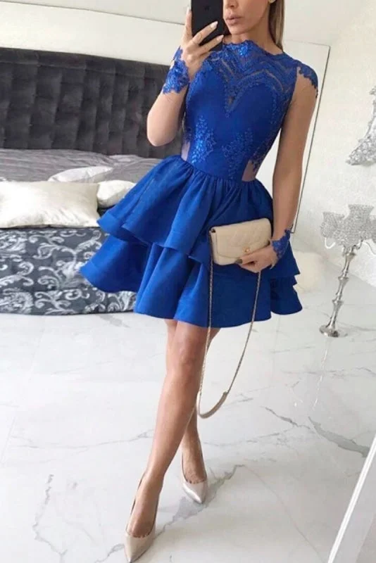 elegant cocktail evening gown-Tiered Long Sleeves Royal Blue Satin Homecoming with Appliques Mini Prom Dress