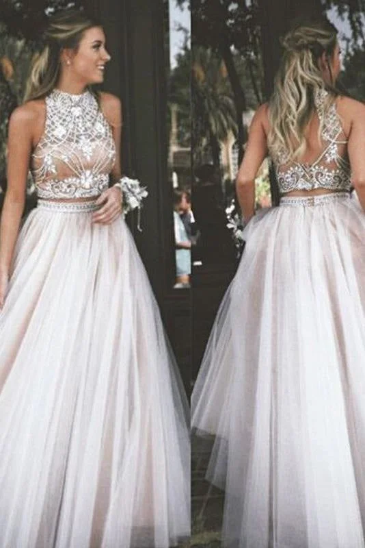 sparkly evening gown-Two Piece A-Line Ivory Sleeveless High Neck Tulle Beading Long Prom Dresses