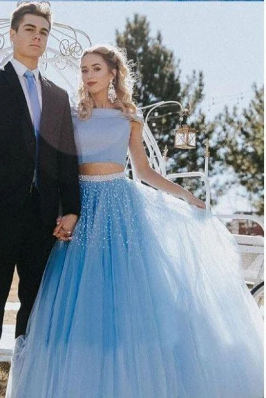 beaded evening gown-Two Piece A-line Off the Shoulder Open Back Light Blue Long Prom Dress with Beads