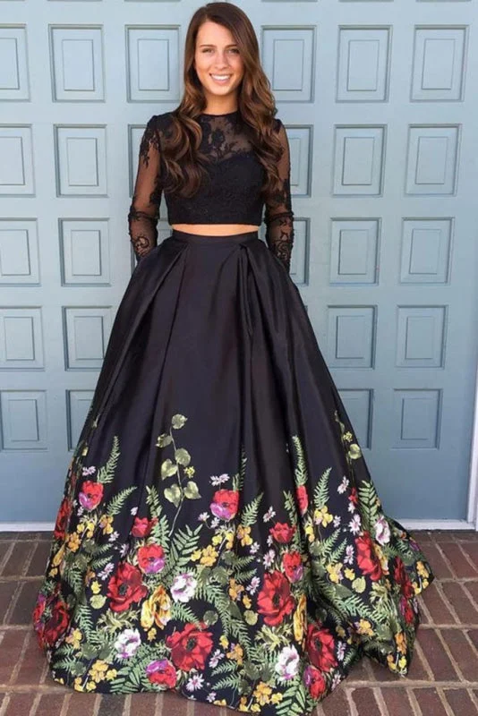 cap sleeve evening gown-Two Piece Black Sleeve Formal Appliques Long Prom Dress with Lace