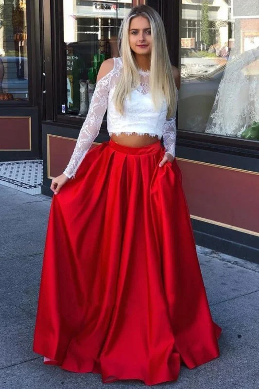 illusion back evening gown-Two Piece Cold Shoulder Prom Dress with Lace Long Sleeve Red Satin Party Dresses