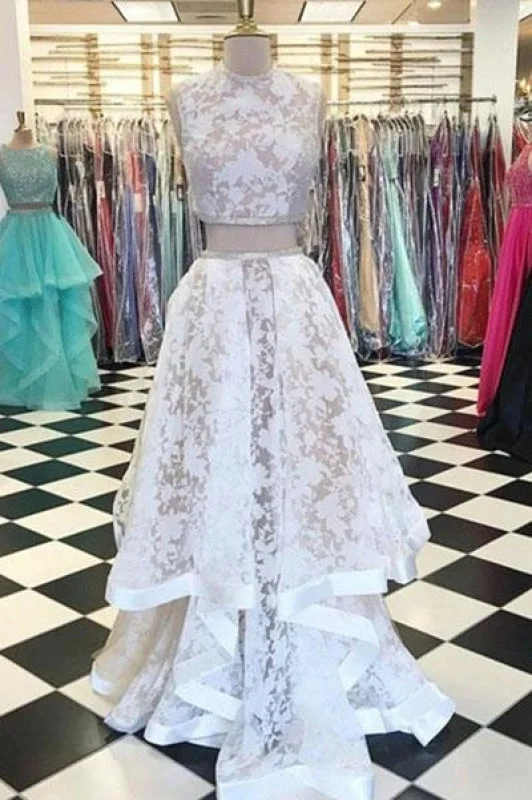 satin evening dress-Two Piece Jewel Sleeveless White Lace Long Dress Cheap New Prom Gown