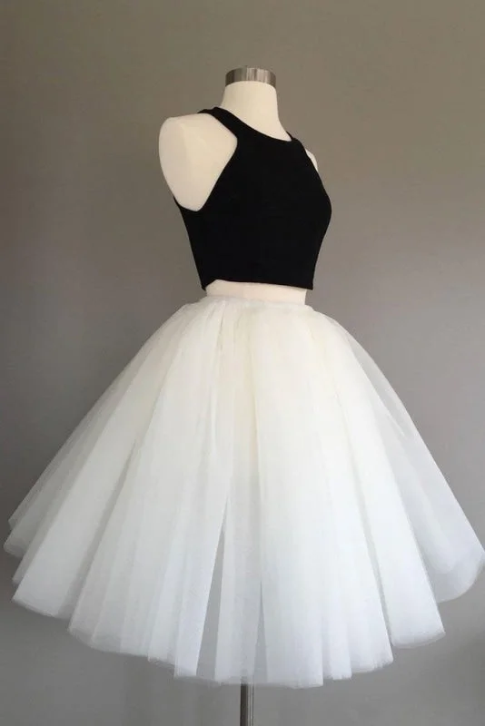 elegant evening gown with train-Two Piece Knee Length Ivory Tulle Dress with Black Top Simple Cheap Prom Dresses