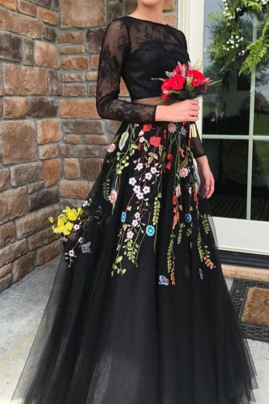 evening gown with train-Two Piece Long Sleeves Black Lace Bodice Prom Dress with Appliques