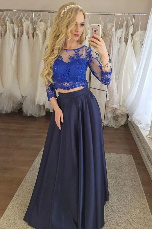 elegant evening dress with sleeves-Two Piece Navy Blue Lace Cheap Prom Dress with Sleeves