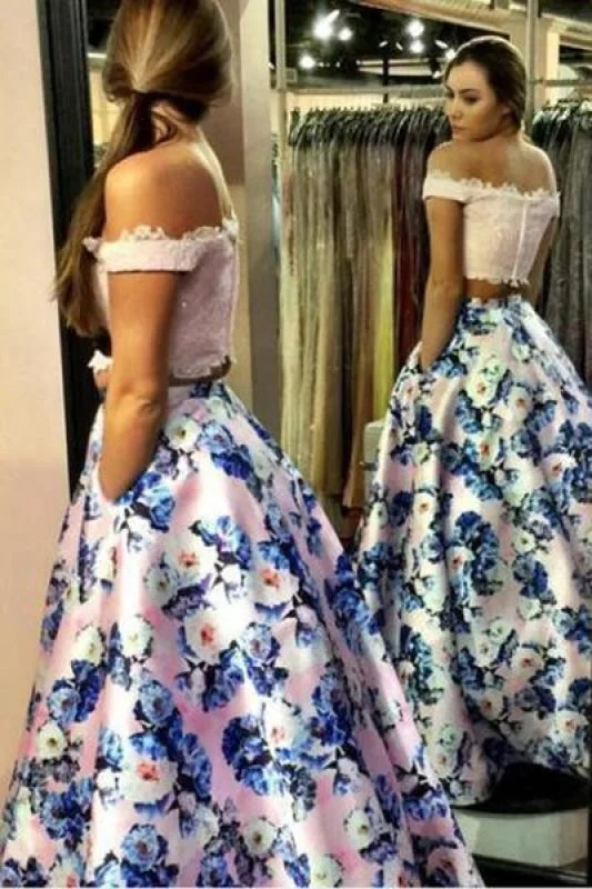 sequined formal evening gown-Two Piece Off the Shoulder Pink Floral Long Prom Gown A-line Formal Dresses with Lace