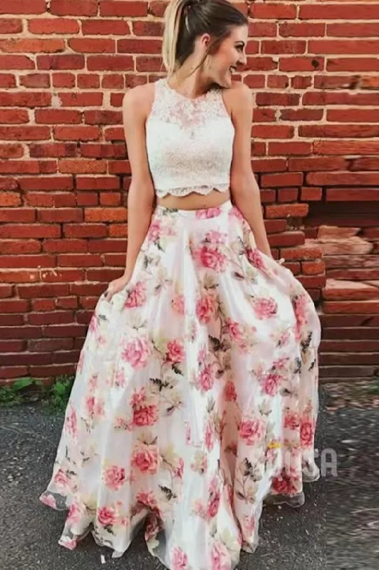 sleeveless tulle evening dress-Two Piece Prom Dresses Floral Floor Length