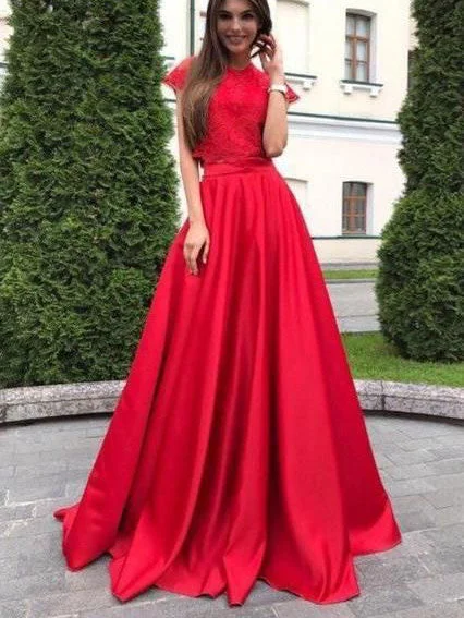 off-the-shoulder evening gown-Two Piece Red Long Prom Dresses with Lace Appliques