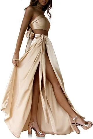 elegant evening wear-Two Piece Slit Side Prom Dresses Tie Back Under 100