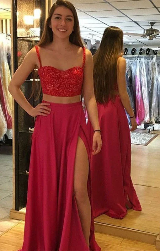 elegant evening gown with train-Two Piece Split Side Prom Dresses with Lace