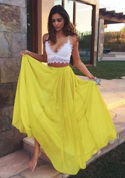 classic black evening dress-Two Piece Yellow Long Prom Dresses Evening Gowns