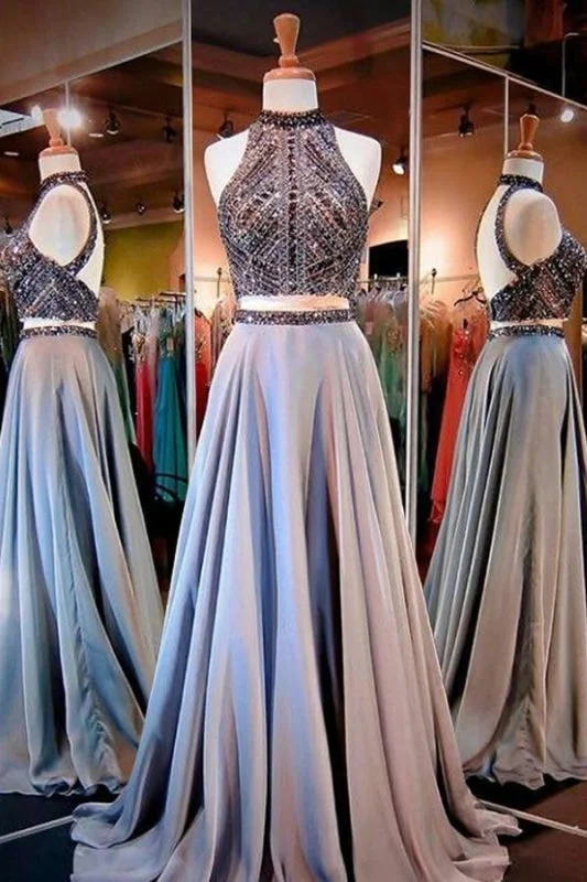 evening dress with beads-Two Pieces A-line Sparkle High Neck Beading Long Prom/Evening Dress