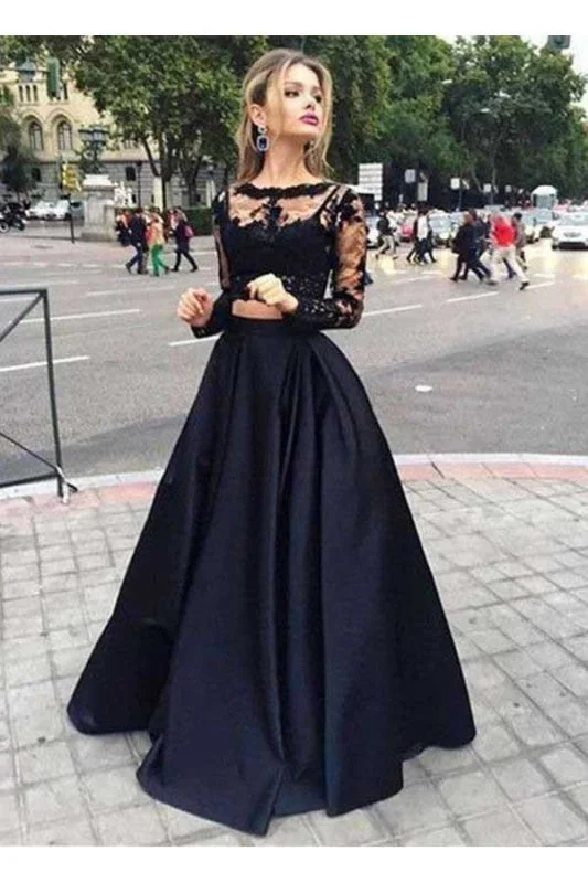 ruched evening gown-Two Pieces Long Sleeves Lace Top And Satin Prom Dress Party Dresses