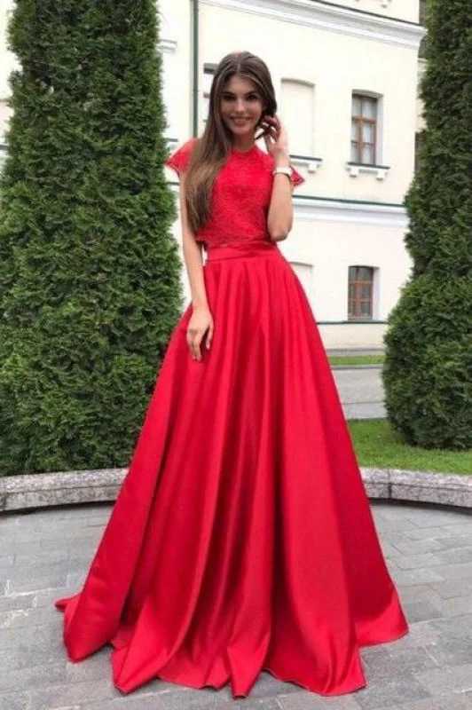 sophisticated evening gown-Two Pieces Red Short Sleeve Satin with Lace Top Cheap Prom Dresses