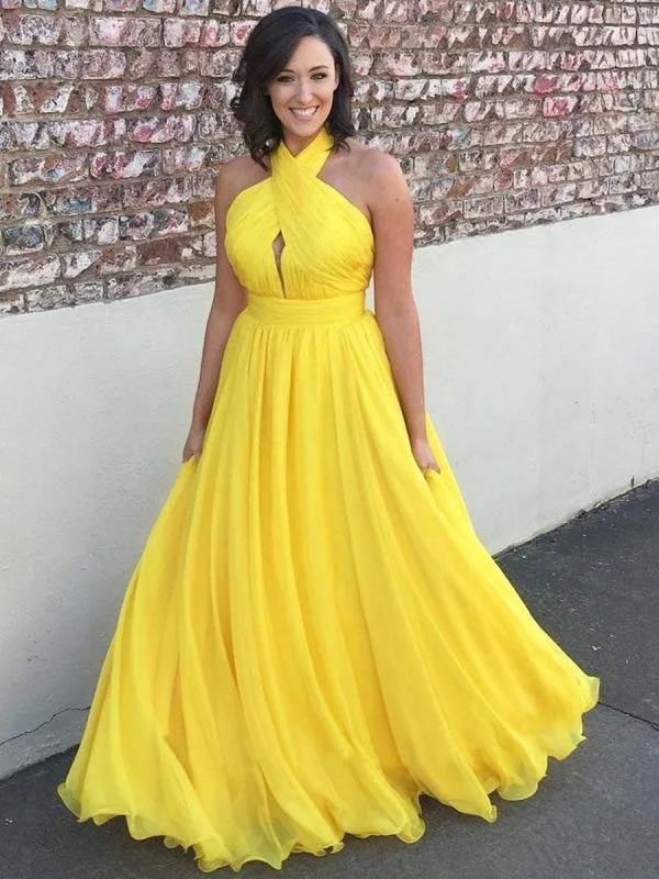 elegant white evening gown-Unique A Line Halter Neck Backless Yellow Chiffon Long Prom, Halter Yellow Formal Graduation Evening