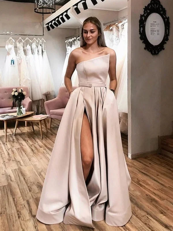 evening dress with ruffles-Unique Champagne Satin Long Prom with High Slit, Champagne Formal Graduation Evening