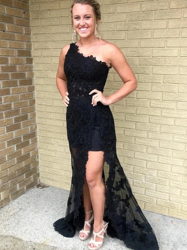 evening dress with appliqués-Unique One Shoulder Black Lace Long Prom with High Slit, Black Lace Formal Graduation Evening