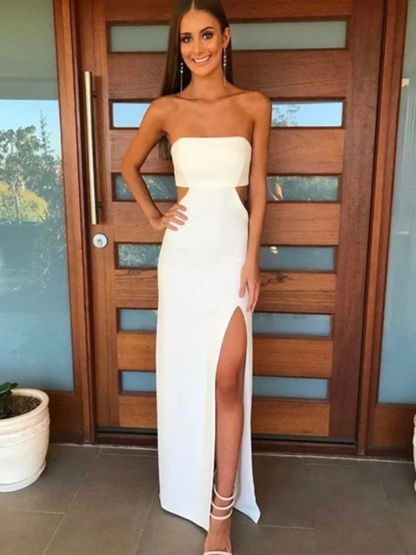 evening dress with shawl-Unique Strapless Waist Cutout White Long Prom with Slit, Waist Cutout White Slit Formal Evening