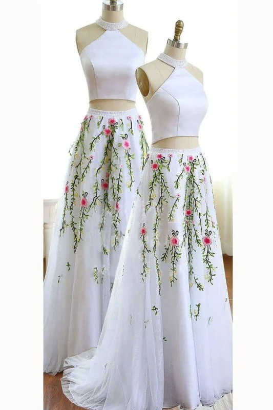 elegant evening dress with beads-Unique White Jewel Sleeveless A-line Tulle Two Pieces Prom Dress with Flowers for Teens