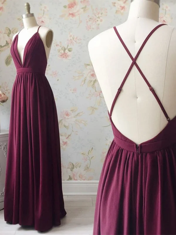 lace evening dress-V Neck Backless Chiffon Long Burgundy Prom, Backless Burgundy Formal, Burgundy Evening