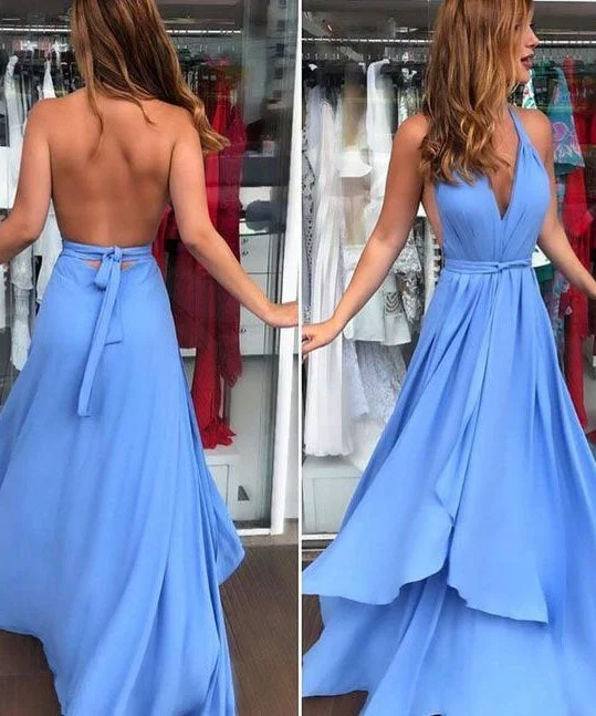 elegant evening dress with sleeves-V Neck Blue Long Prom Dresses for Women