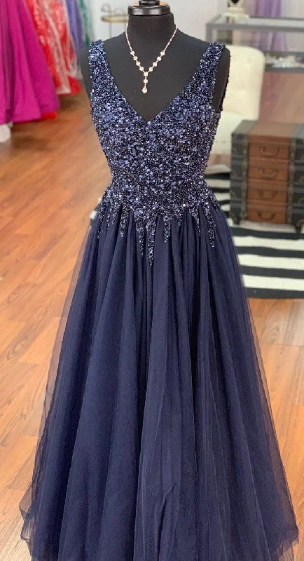 evening gown for formal events-V Neck Chiffon Long Prom Dresses with Beaded