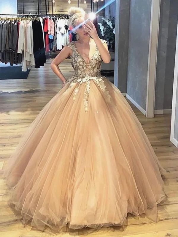 long sleeve evening dress-V Neck Lace Champagne Prom Dresses, Lace Champagne Formal Dresses, Champagne Evening Dresses, Ball