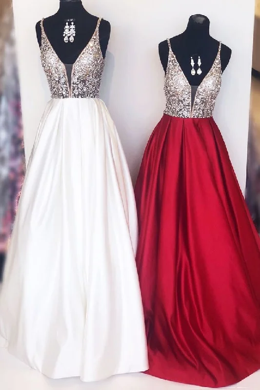 evening dress with sleeves and lace-V Neck Long Prom Dresses with Beaded for Women